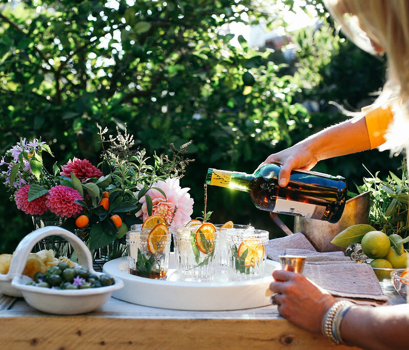 Valerie Rice dinner party in Santa Barbara, summer flowers, bar with cocktails