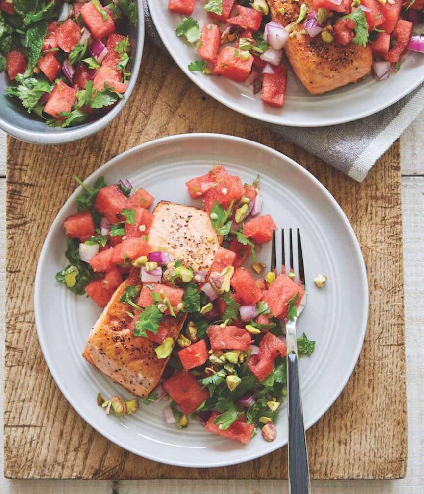 crispy salmon with watermelon mint salsa