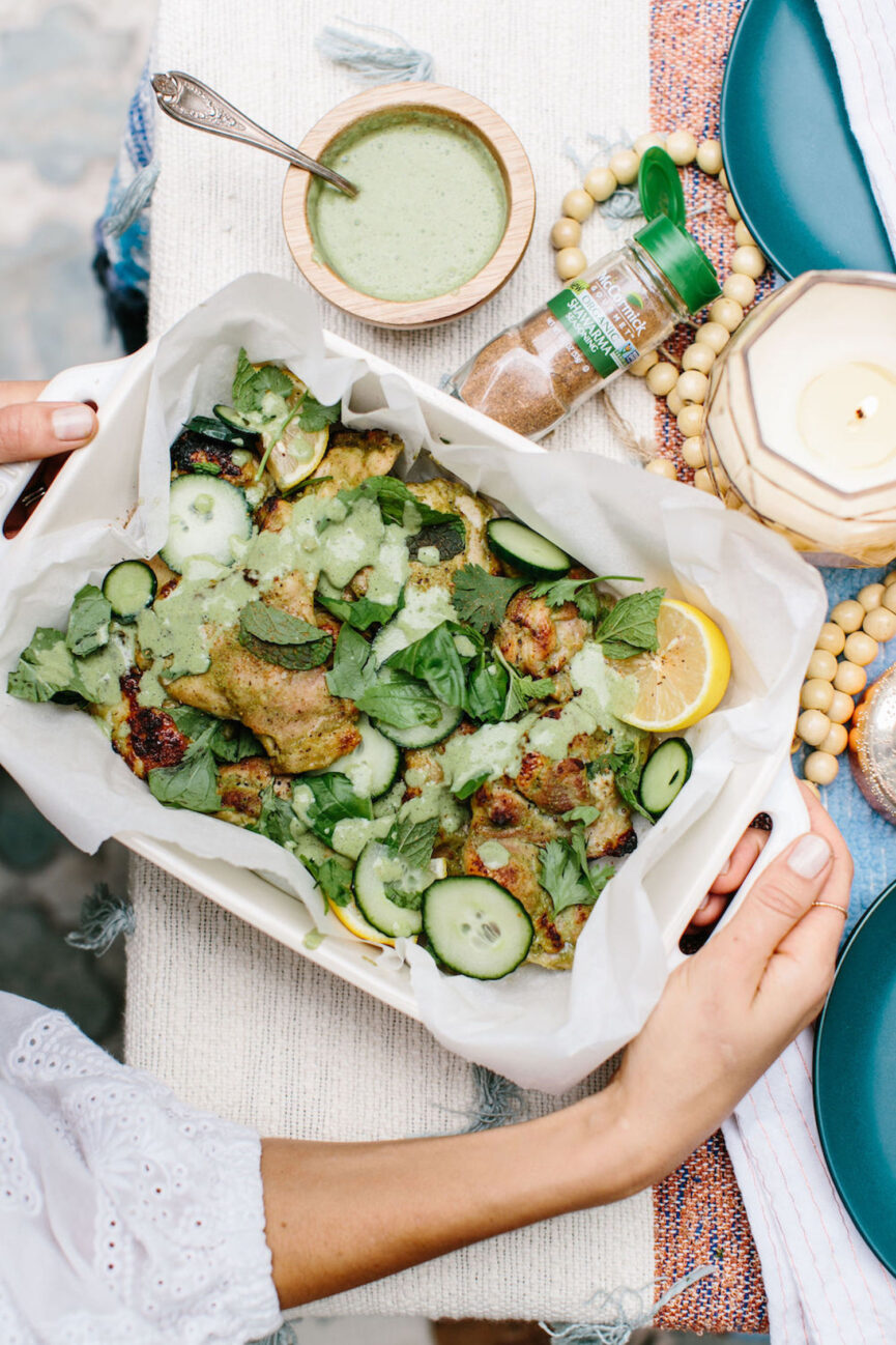 Shawarma-Marinated Chicken Thighs with Herb Salad and Lemons