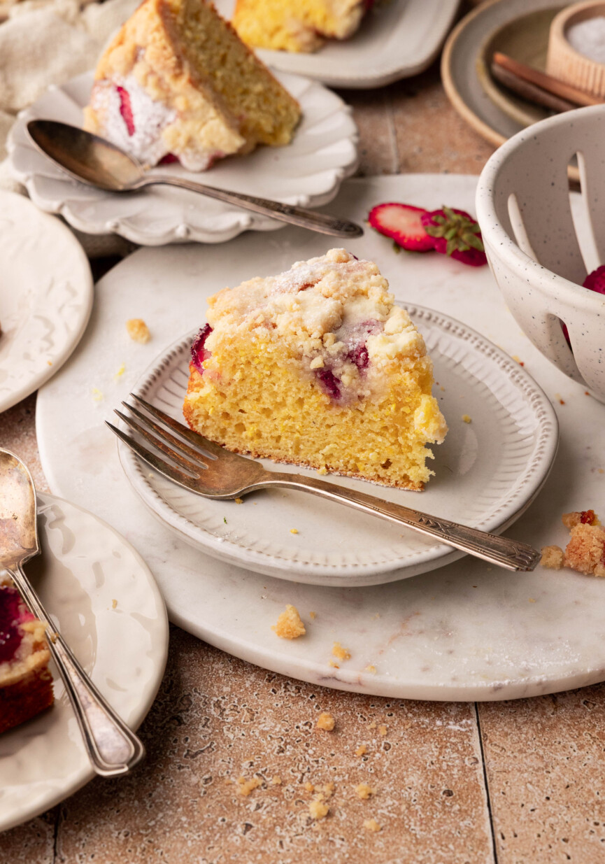 slice of strawberry olive oil cake