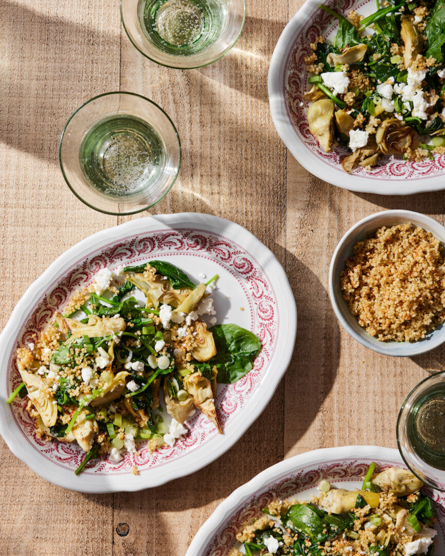 Warm Spinach-Artichoke Salad with Quinoa Crunchies