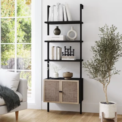 Mid-Century Fluted Wall Bookshelf with Drawers