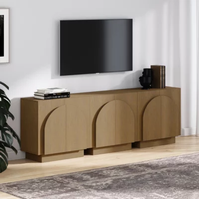 Wood Arched TV Console Credenza Brown (Set of 3)